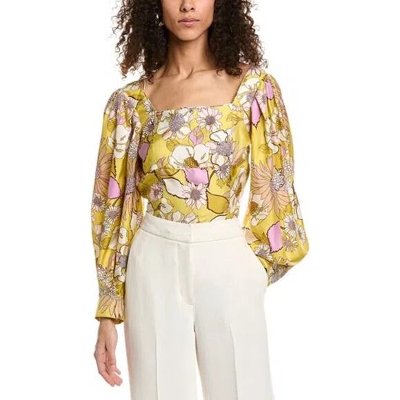 SANDRO NWT Ginger Blouse Yellow Green Size 0 Floral Print Silk Twill Square Neck - Picture 4 of 14